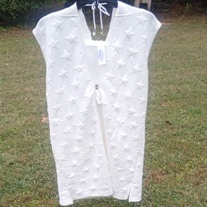 Kim Rogers Cream Star Patterned Zippered Hooded Cover Up Vest